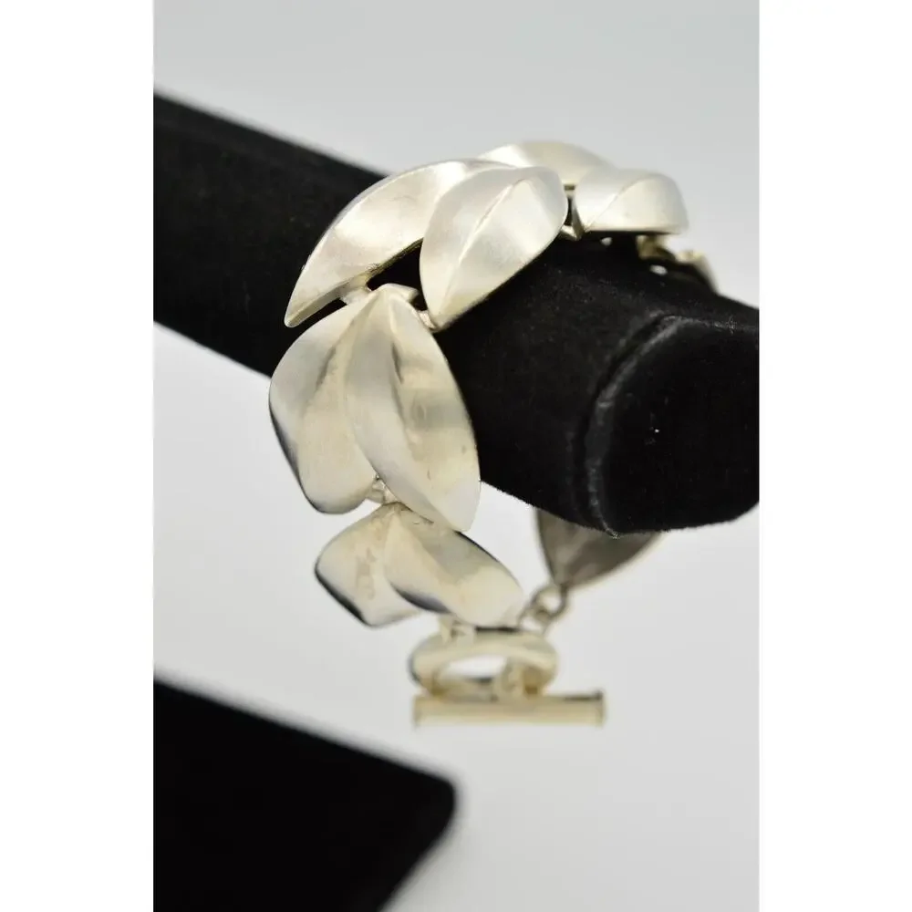 Givenchy Vintage Chunky Bracelet Brushed Silver Leaf Matte Signed 80s 1980s Bin2